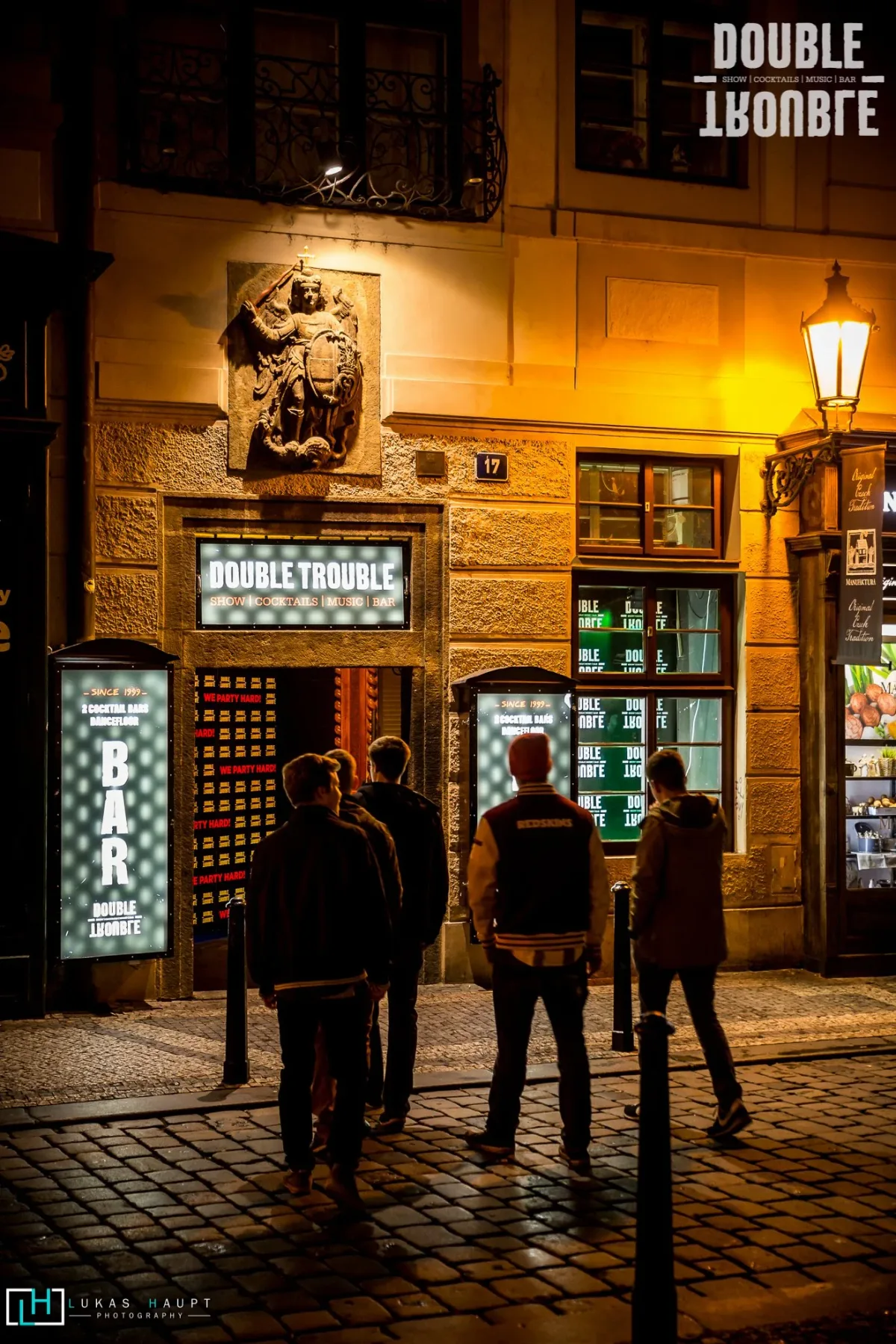 Entrance to Double Trouble club at night on Melantrichova street in the Old Town, Prague