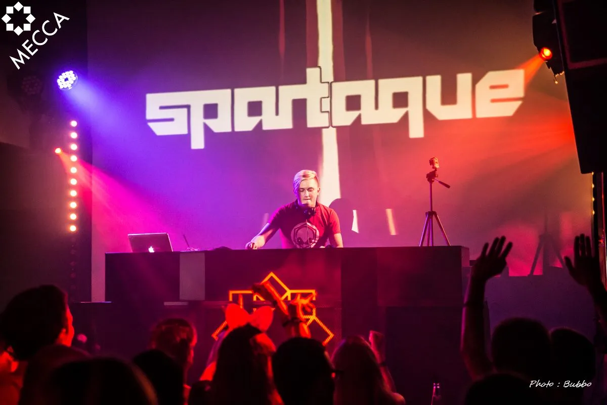 DJ on the main stage in front of a crowd at Mecca club, Holešovice, Prague