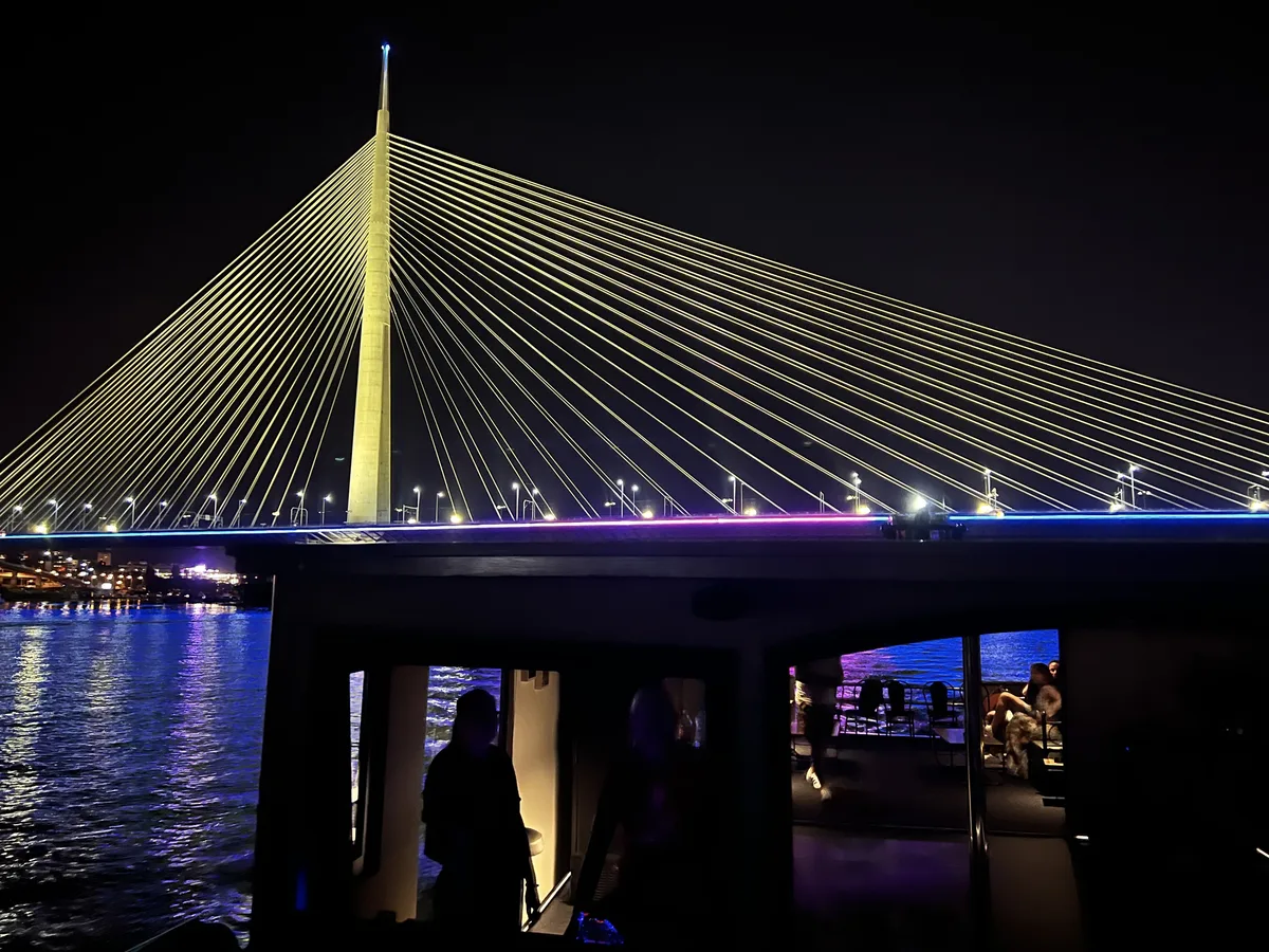 Ada Bridge lit up at night over the Sava in Belgrade