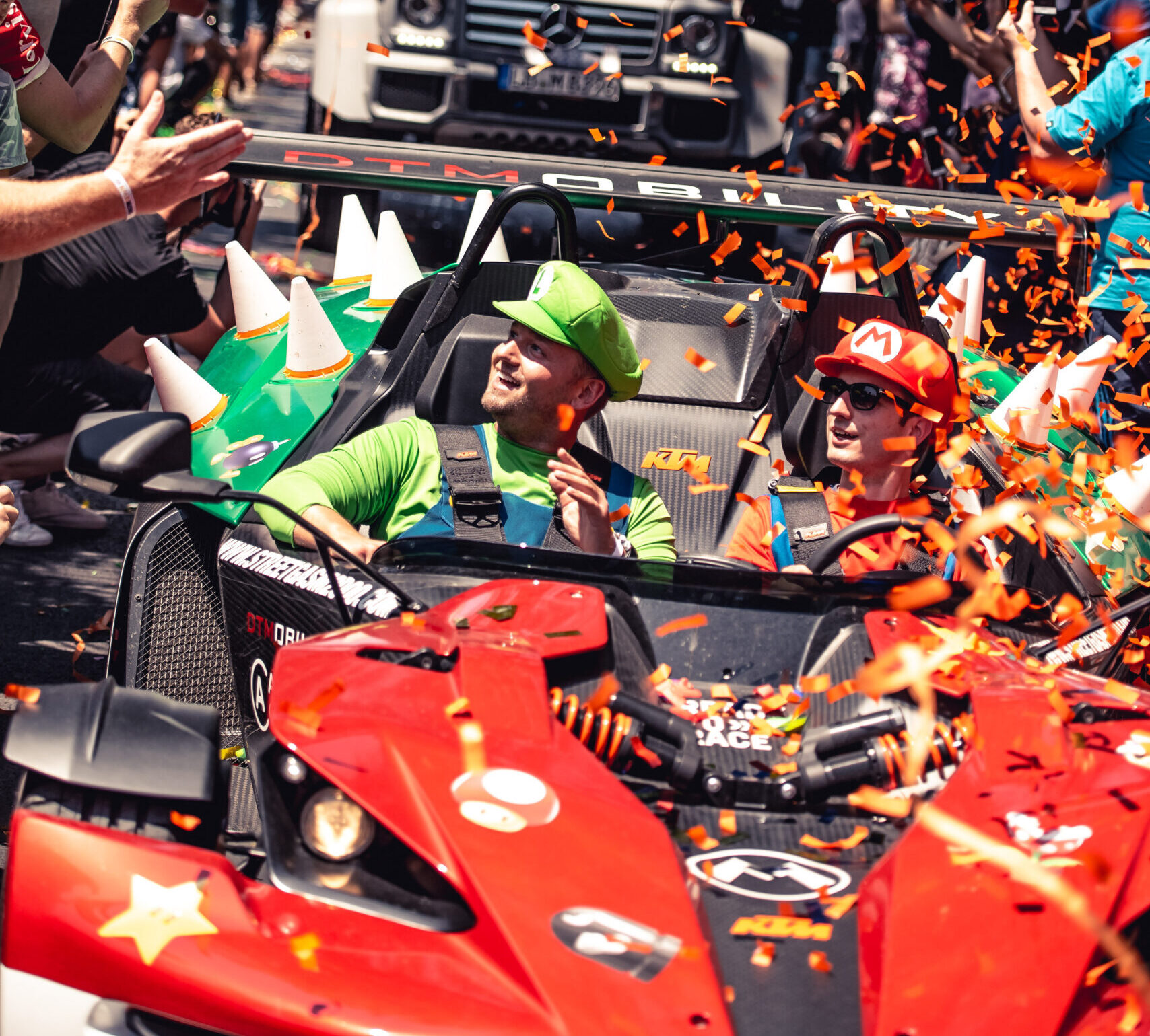 Mario Kart team with confetti